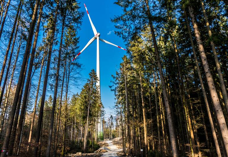 Eine Windenergieanlage im Wald.